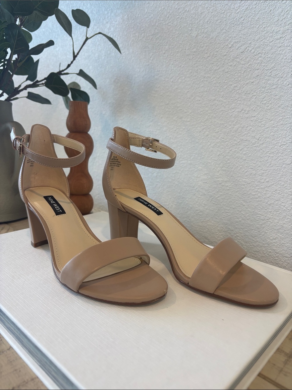 Nine West Beige Ankle-Strap Block Heel Sandals
